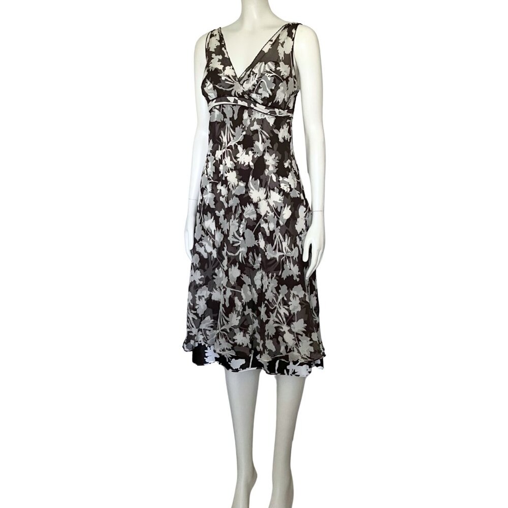 Vintage Y2K 100% Silk Ann Taylor Brown White Floral Midi Dress S/M Size 8 V Neck - Picture 3 of 14